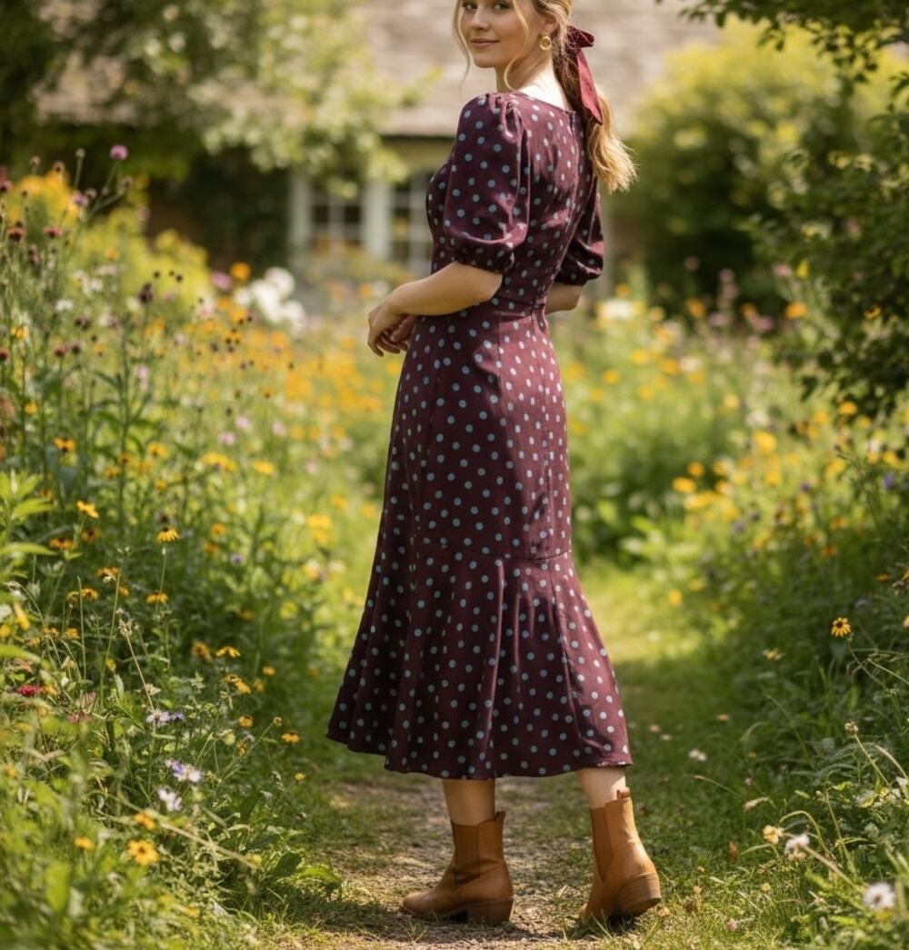 Bobeau Brown Polkadot Midi Dress XS Cottage Business Casual Bias Cut Work $88
